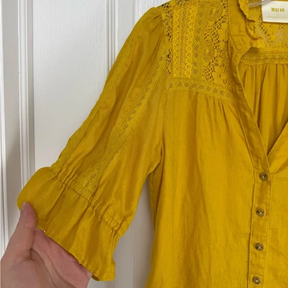 Anthro Maeve Magritte Linen Puff Sleeve Button Font Blouse Size 2 Yellow Gold - Picture 6 of 12